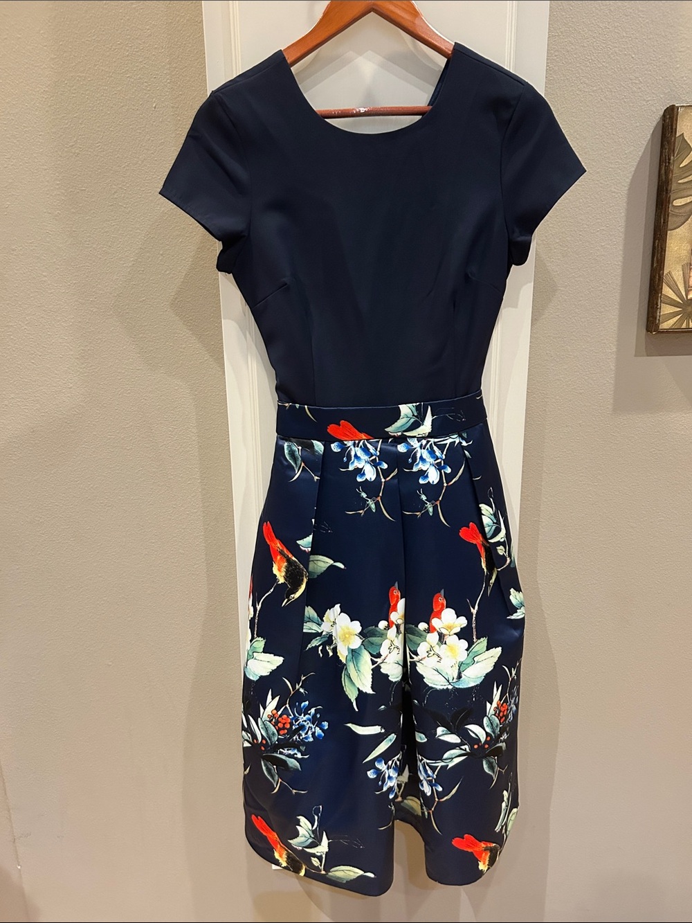Navy Floral Fit-and-Flare Dress with Short Sleeves